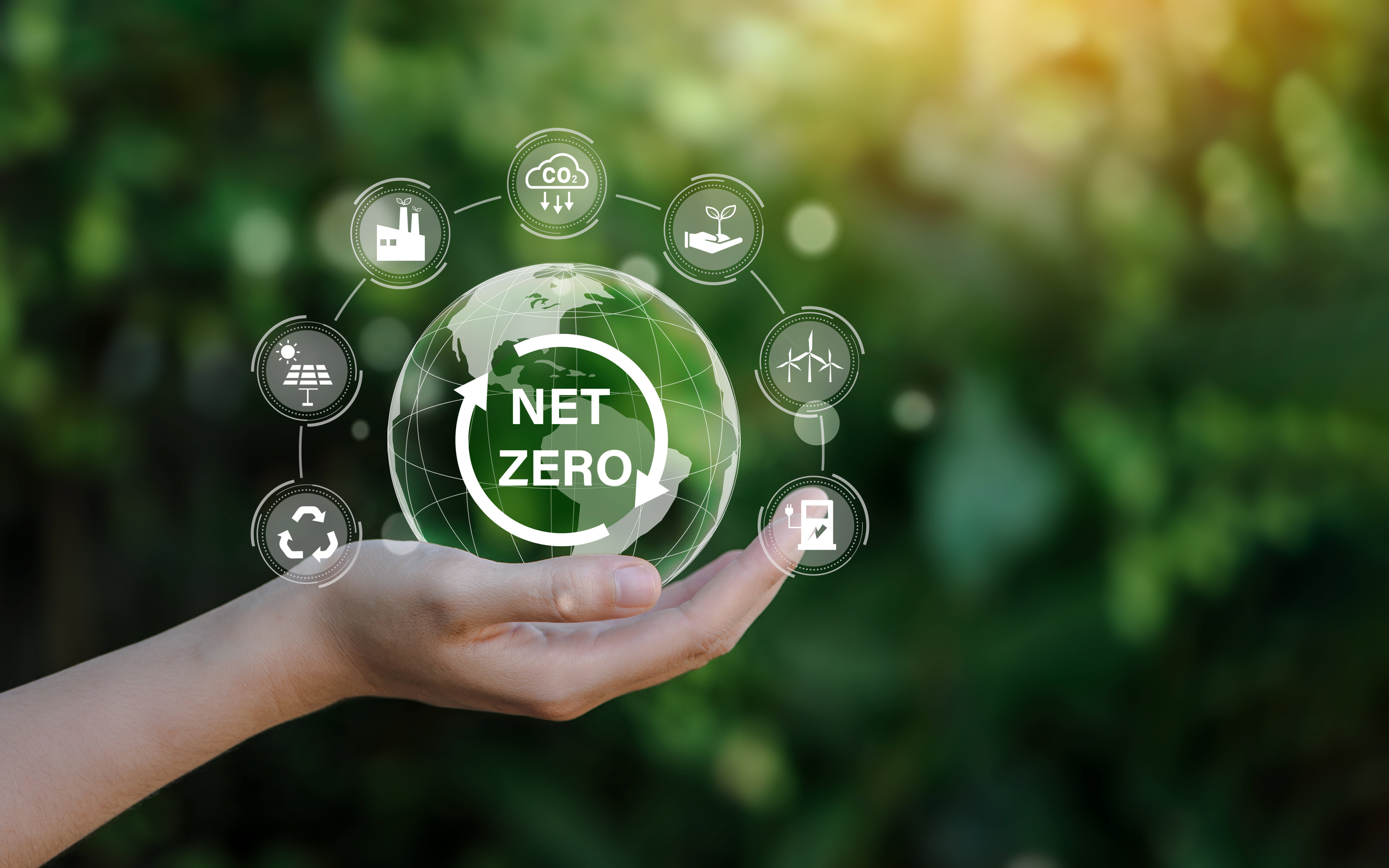 A symbol with arrows going around in a circle that says "Net Zero" in the middle